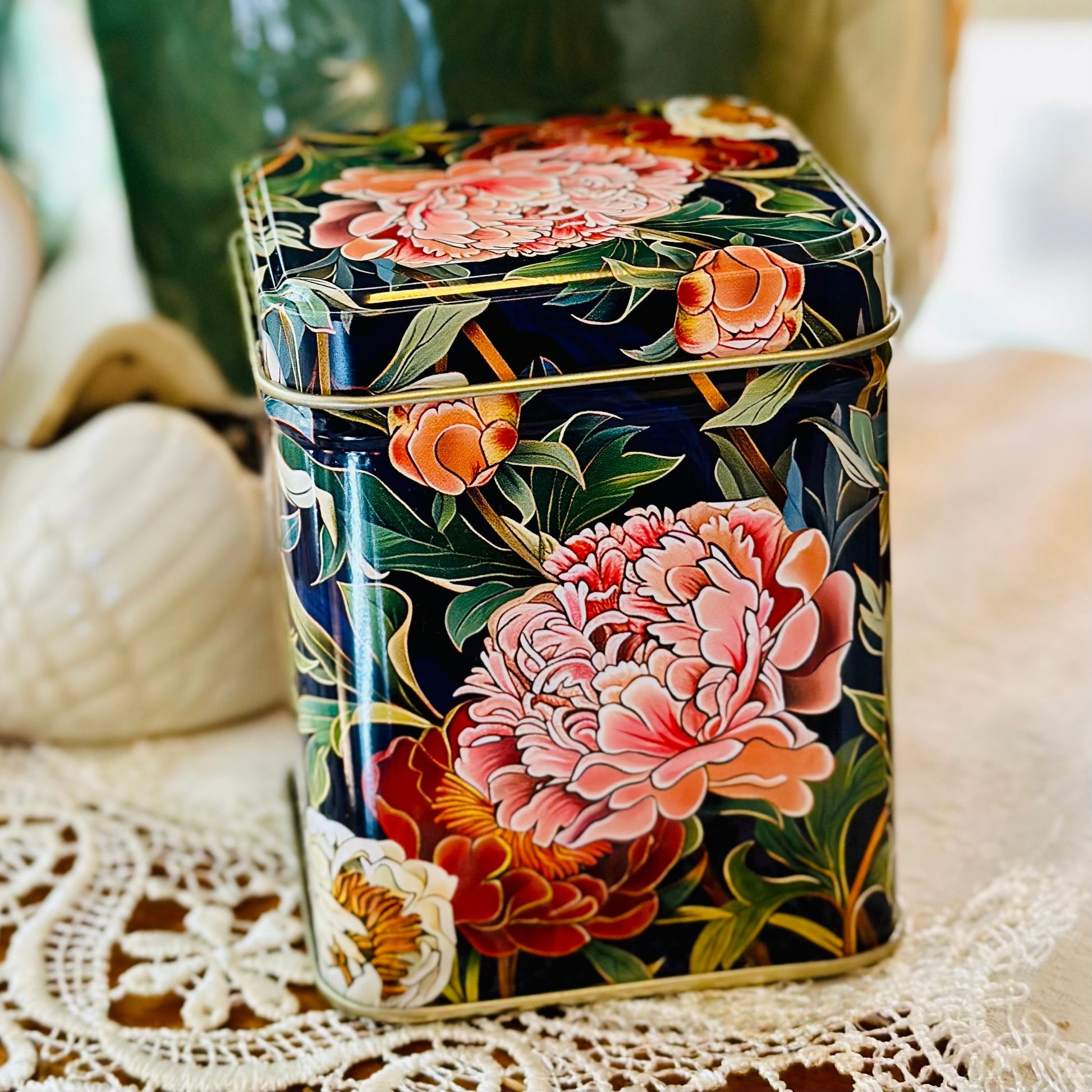 'Peony' Arts and Crafts Small Square Tin - Hollyhock Hill